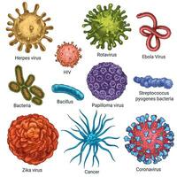Viruses. Sketch color herpes, hiv and papilloma, zika and coronavirus. Cancer, streptococcus cells. Germs and bacteria isolated vector set