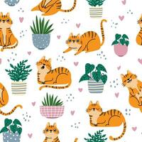Cat seamless pattern. Red cats and plants in pots repeated wallpaper in scandinavian style. Cartoon funny kittens print, vector background