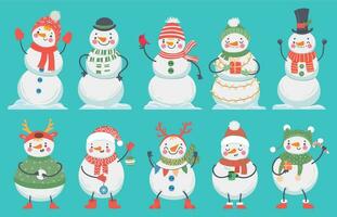 Snowman. Cute christmas snowmen in winter clothes, hats and scarf. Happy xmas vector cartoon characters with gift boxes