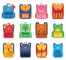 School bags. Backpacks with zipper and pockets for study and traveling, luggage objects. Back to school, students rucksacks flat vector set