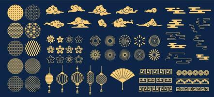 chino elementos. asiático nuevo año oro decorativo patrones y linternas, flores, nubes y adornos tradicional oriental estilo vector conjunto