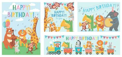 Animals play music greeting card. Happy birthday song played by cute animals orchestra with music instruments vector illustration set.