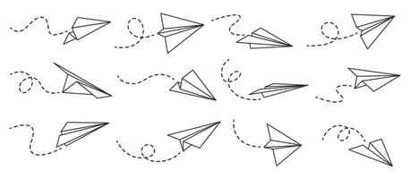 papel avión. contorno volador aviones desde diferente anglos y dirección con punteado pista, viaje o mensaje símbolos, lineal vector conjunto