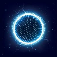 Power energy sphere with electrical thunder shining. Ball with dots surrounded with bright blue lightning vector