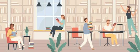 People in library. Men and women read book, students study with books and gadgets in public library interior vector concept