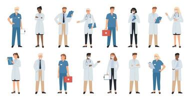 Hospital doctors and nurses. Doctor with stethoscope, nurse in scrubs and face mask. Medical student volunteer and intern character. Medical staff vector illustration set