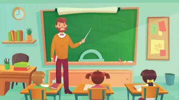 Male teacher teaches students in elementary school class vector