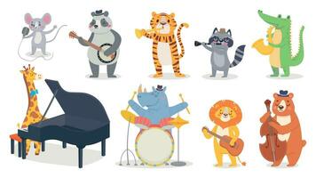 Cartoon animals with music instruments. Giraffe play piano, cute panda with banjo and alligator plays saxophone vector