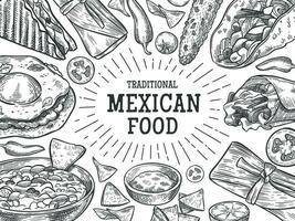 tradicional mexicano alimento. bosquejo nacional mexicano cocina platos, menú modelo con letras para vector restaurante folleto, volantes.