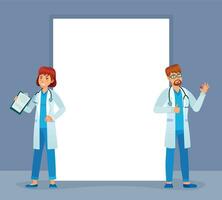 Doctors stand near banner. Physician medic professional vector