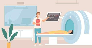 Magnetic resonance imaging. Patient having scan procedure in hospital with doctor examining results tomography, x ray scanner vector concept