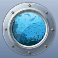 Submarine window view. Porthole round from underwater vector