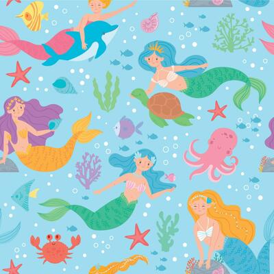 Mermaid seamless pattern. Fairytale princesses and sea creatures underwater world design for wallpaper, fabric print fashion vector texture