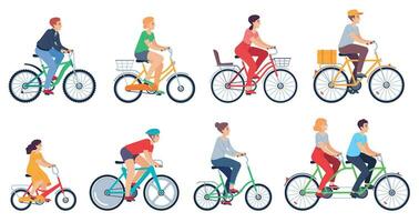 Cycling people. Women, men ride bikes sports outdoor activity, friends riding bicycles race on city street colored cartoon vector set