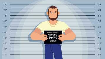 dibujos animados detenido gángster foto policial detenido delincuente sostiene tablero para identificación, foto en policía estación, sospechar perfil vector concepto