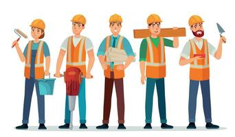 Professional builders team. Contractor in helmet, builder engineer and workers people cartoon vector illustration