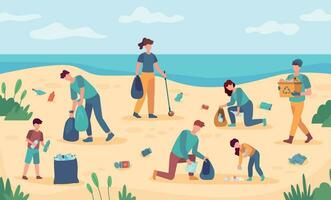 Beach cleaning. Volunteers protect sea coast from pollution. People picking up trash from beaches. Environmental protection illustration vector