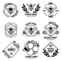 Honey labels. Beekeeping eco product badges, apiculture natural organic propolis stickers. Flower nectar ad tags vector isolated set