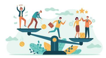 Employees balance scales. Good and bad business tiny people comparison. Employee or client choose job team. Teamwork success vector concept