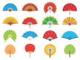 Handheld fan. Chinese or japanese paper ancient traditional fans, personal accessories and souvenirs flat vector set