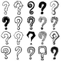 Sketch question mark. Hand drawn black interrogation marks, ask exam and faq symbols. Interrogative signs, doodle questions vector icons