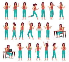 Cartoon woman in casual outfit. Young female character in different poses. Student with various gestures, face expression vector set