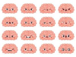 Brain emoticons. Cute brains characters with different face expression. Happy and angry, wink and sad, creative avatar cartoon vector set