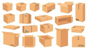 Cardboard boxes. Cartoon brown carton package. Open and closed delivery rectangle box with fragile signs. Vector shipping and packing set