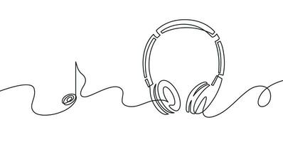 One line headphones. Continuous drawing of music gadget and note. Audio headphone outline sketch. Lineart vector concept of musical symbol