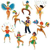 Carnival people. Happy dancing men and women in bright costume and playing latin festive music party, fun carnival parade cartoon vector set