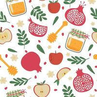 Shana tova seamless pattern. Jewish new year rosh hashanah, repeating tile. Holiday symbols pomegranate, apples and honey jar vector texture