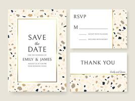 Terrazzo wedding invitation card. Abstract design template bridal flyers with marble texture, save date and name. Announcement vector set