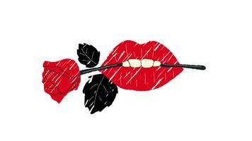 Female sexy gloss red lips with a fresh rose flower in the teeth. Hand drawn. Alpha channel transparency video