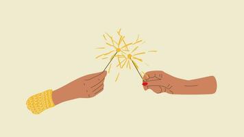 Animation Celebration of the new year. Hands hold sparklers. Video flat cartoon animation design element. 4K video footage, alpha channel