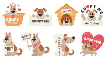 Cartoon adopt dog. Help homeless animals find home concept, sad dogs with text adopt me, dont buy, puppies adoption vector set.