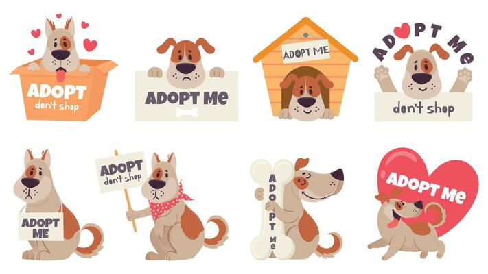 Cartoon adopt dog. Help homeless animals find home concept, sad dogs with text adopt me, dont buy, puppies adoption vector set.