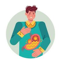 Heartburn. Gastric disease, stomach problem. Bloating abdomen gastroesophageal reflux or high acidity esophagus, flat vector illustration.