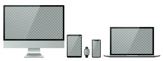 Devices with transparent wallpaper mockup. Device size screen vector