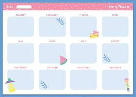 Yearly planner template. Organizer year calendar, business schedule vector