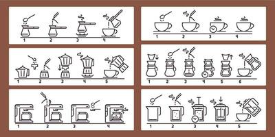 Brewing coffee instruction. Preparing hot beverage guideline, using equipment for making drink. Pouring liquid vector