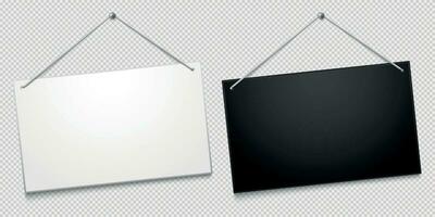 White and black shop door signboards hanging on nail isolated on transparent background. Empty or blank sign. vector