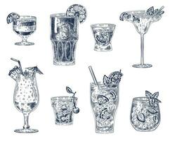 Sketch cocktails. Alcoholic drinks, cocktails. Pina colada, americano and vodka, cherry cocktail and margarita, sangria for menu vector set