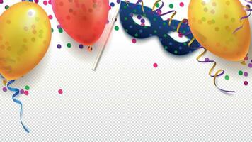 Carnival masquerade festive flat lay background. Celebration elements as mask, balloons, streamers and confetti vector