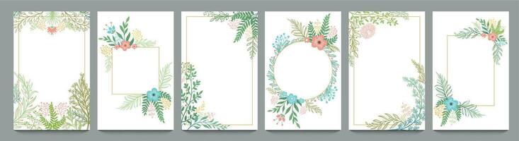 Floral ornament card frame. Plant branches border, vintage frame design with flowers and leaf vector illustration set