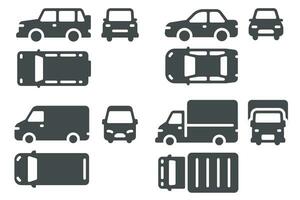 Car top side and front view. Vehicle projection, suv, minibus and truck auto icons for web, ui design outline transportation vector set