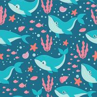 Whales seamless pattern. Funny sea animals happy orca, blue whale, kids nautical fabric print, underwater boy wallpaper vector texture