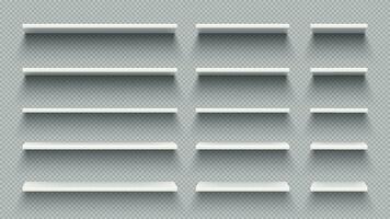 Realistic white empty shelves with shadow isolated on transparent wall background. Modern 3d furniture vector