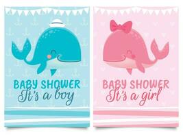 Baby shower card. Babies birth invitation cards with cute pink and blue whales and text, welcome party flyers vector template.