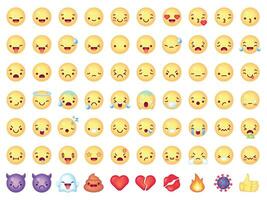 Emoticon emoji. Smiling, laughing yellow face, angry and sad, joy and cry expressions. Heart and kiss, devil and coronavirus vector icons
