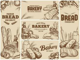 panadería bandera. mano dibujado Fresco pan, natural horneando ingredientes y bosquejo panadería productos vector ilustración colocar.